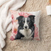 Border Collie Dog and Bold Pink Lilies クッション (ブランケット)