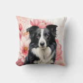 Border Collie Dog and Bold Pink Lilies クッション (正面)