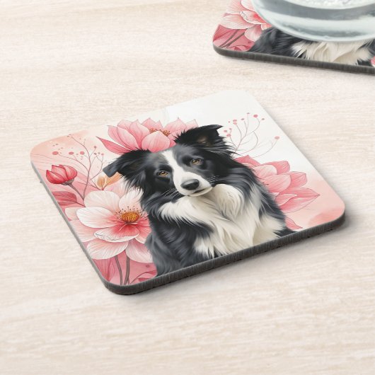 Border Collie Dog and Bold Pink Lilies コースター (左側)