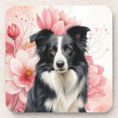 Border Collie Dog and Bold Pink Lilies コースター (正面)
