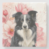 Border Collie Dog and Bold Pink Lilies ストーンコースター (正面)
