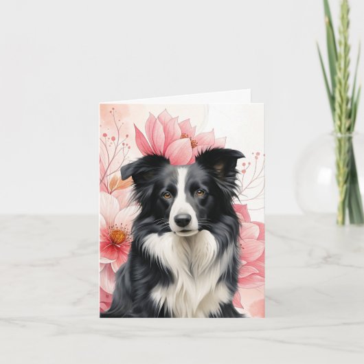 Border Collie Dog and Bold Pink Lilies ノートカード (正面)