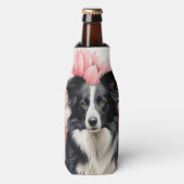 Border Collie Dog and Bold Pink Lilies ボトルクーラー (ボトル正面)