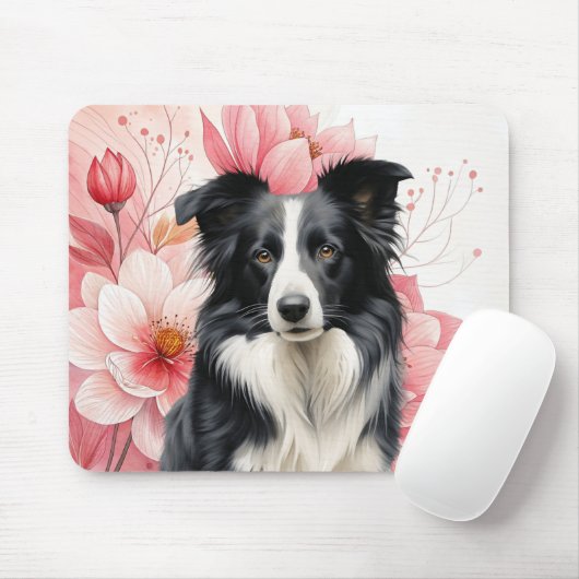 Border Collie Dog and Bold Pink Lilies マウスパッド (マウス)