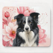 Border Collie Dog and Bold Pink Lilies マウスパッド (正面)