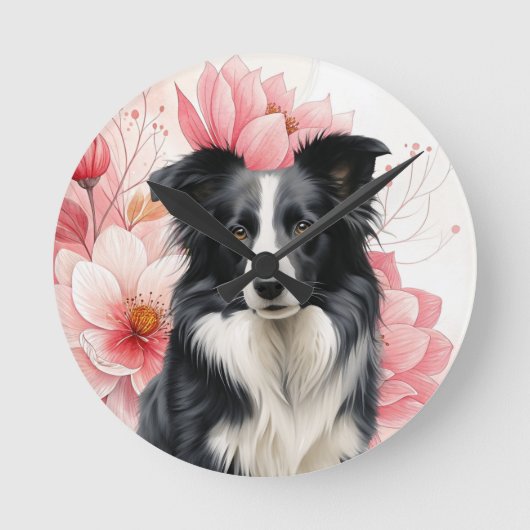 Border Collie Dog and Bold Pink Lilies ラウンド壁時計 (正面)