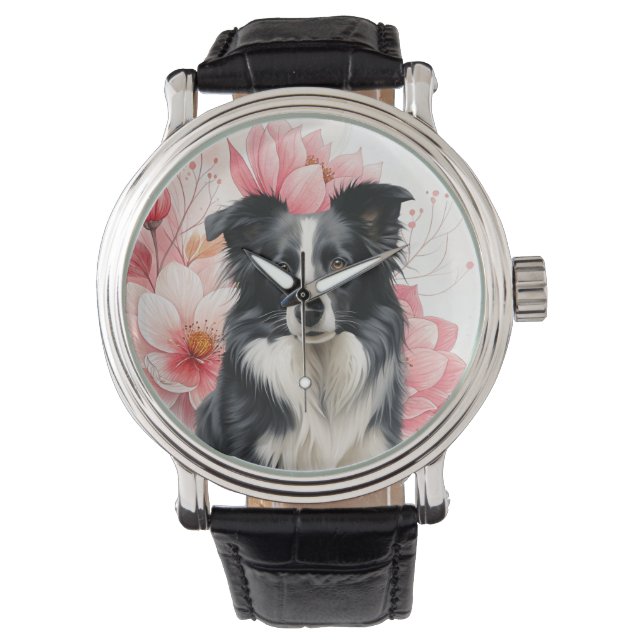 Border Collie Dog and Bold Pink Lilies 腕時計 (正面)