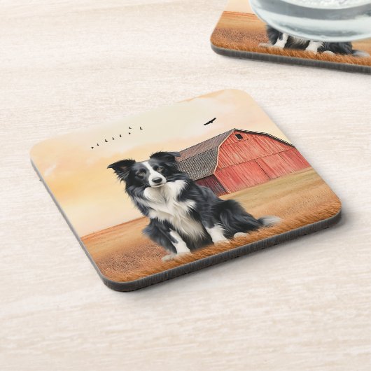 Border Collie Dog and Red Barn Ranch コースター (左側)