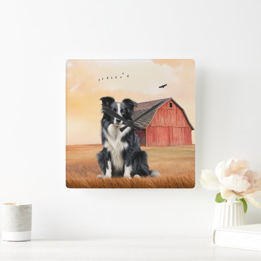 Border Collie Dog and Red Barn Ranch スクエア壁時計 (ホーム)
