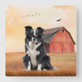 Border Collie Dog and Red Barn Ranch スクエア壁時計 (正面)
