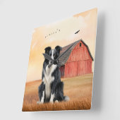 Border Collie Dog and Red Barn Ranch スクエア壁時計 (傾斜)