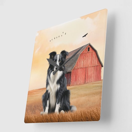 Border Collie Dog and Red Barn Ranch スクエア壁時計 (傾斜)