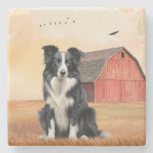 Border Collie Dog and Red Barn Ranch ストーンコースター (正面)