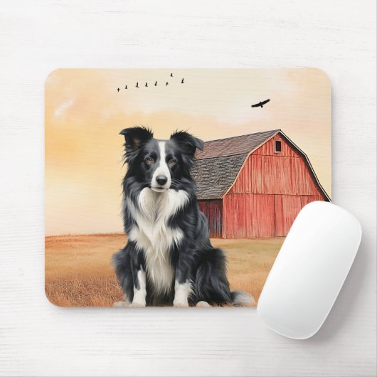 Border Collie Dog and Red Barn Ranch マウスパッド (マウス)