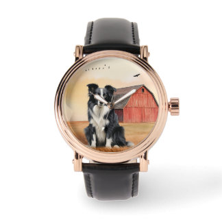 Border Collie Dog and Red Barn Ranch 腕時計