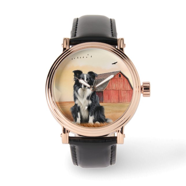Border Collie Dog and Red Barn Ranch 腕時計 (正面)