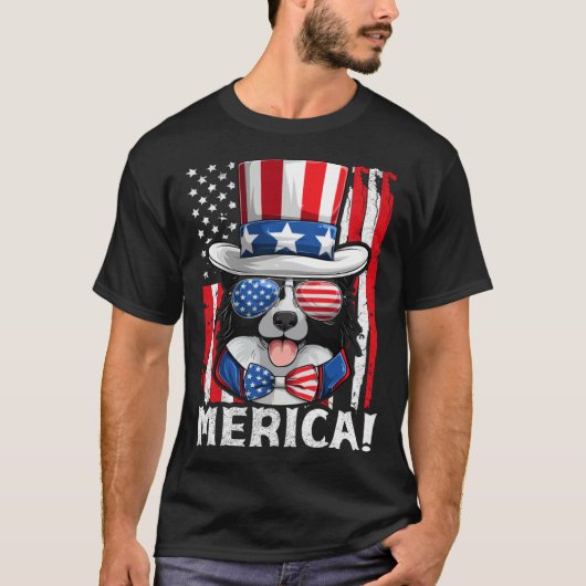 Border Collie Dog Apparel American Flag Patriotic  Tシャツ (正面)