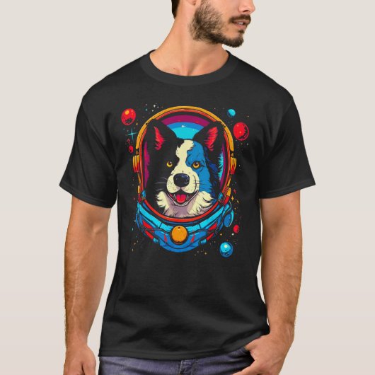 Border Collie Dog Astronaut Tシャツ (正面)