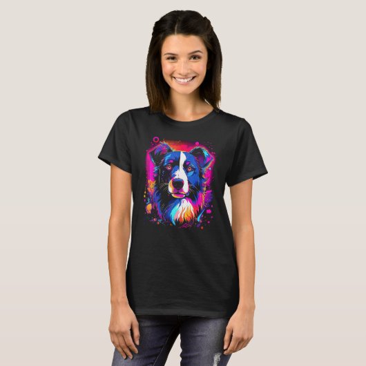 Border Collie Dog Australian Shepherd 80s Retrowav Tシャツ (正面フル)