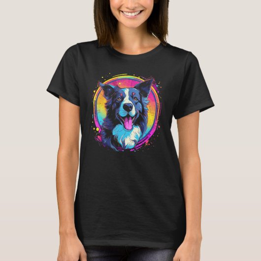 Border Collie Dog Australian Shepherd 80s Retrowav Tシャツ (正面)