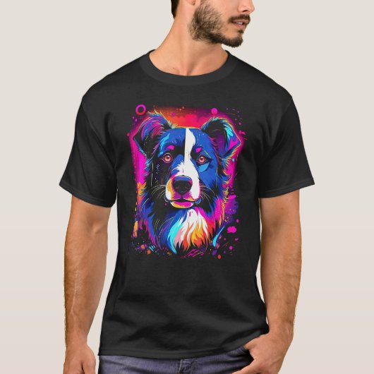 Border Collie Dog Australian Shepherd 80s Retrowav Tシャツ (正面)