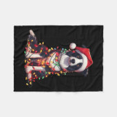 Border Collie Dog Christmas Lights Santa Hat Dog L フリースブランケット (正面(横))