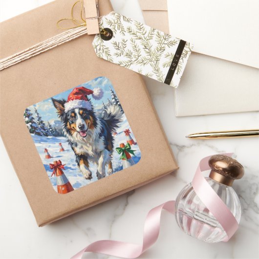 Border Collie Dog Christmas Snow Agility Fun スクエアシール (ギフト)