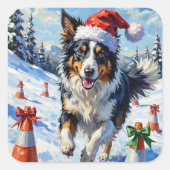 Border Collie Dog Christmas Snow Agility Fun スクエアシール (正面)