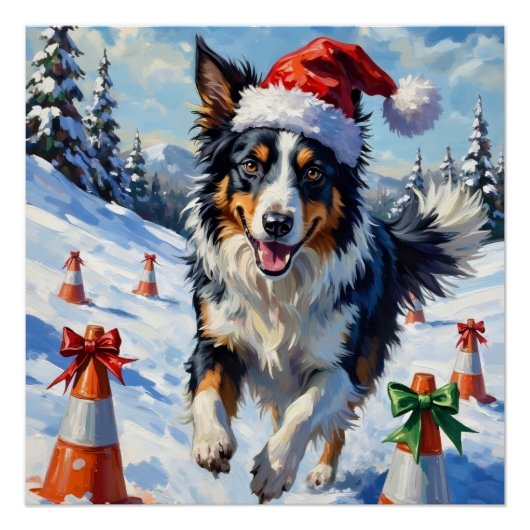 Border Collie Dog Christmas Snow Agility Fun ポスター (正面)