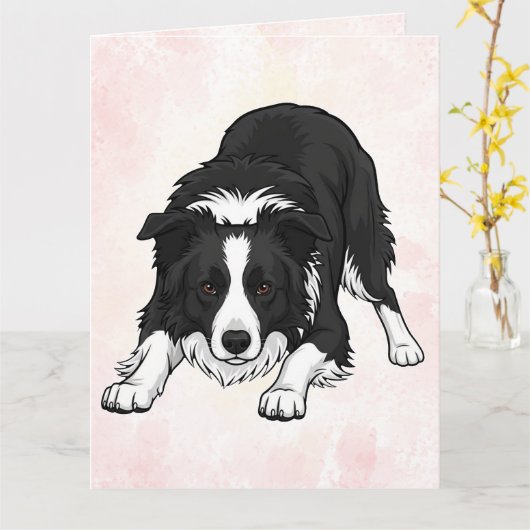 Border Collie Dog Folded Greeting Card カード (黄色い花)