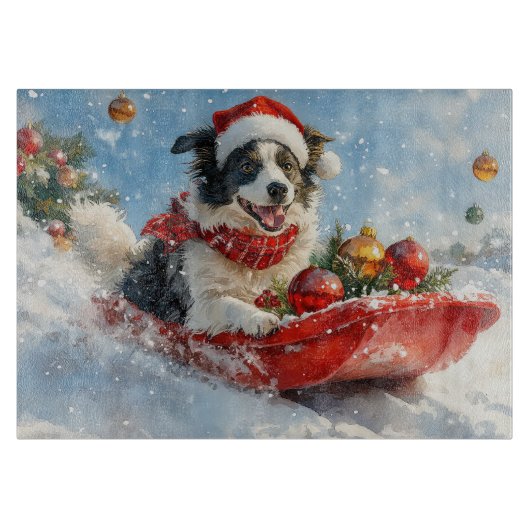 Border Collie Dog in Sledge Let it Snow Christmas  カッティングボード (正面)