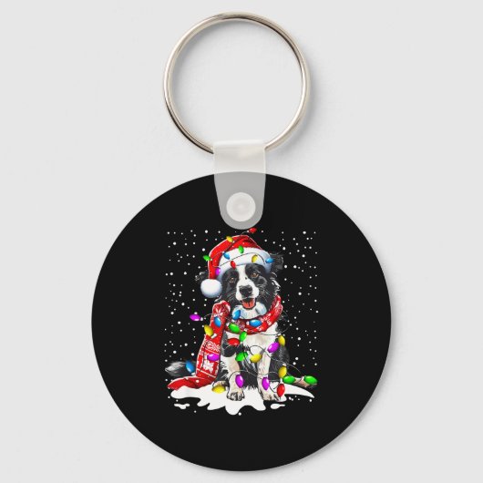 Border Collie Dog Lighting Xmas Santa Hat Christma キーホルダー (正面)