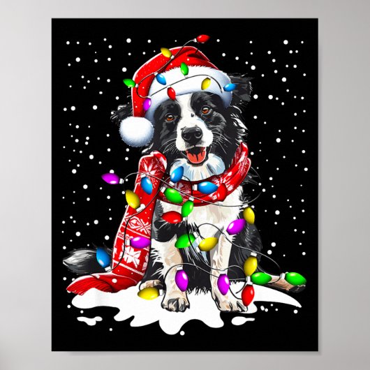Border Collie Dog Lighting Xmas Santa Hat Christma ポスター (正面)