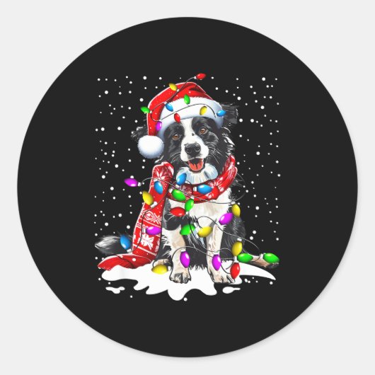 Border Collie Dog Lighting Xmas Santa Hat Christma ラウンドシール (正面)