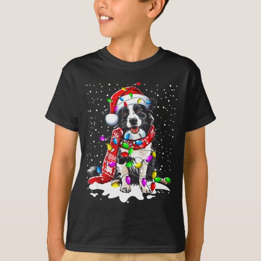 Border Collie Dog Lighting Xmas Santa Hat Christma Tシャツ (正面)