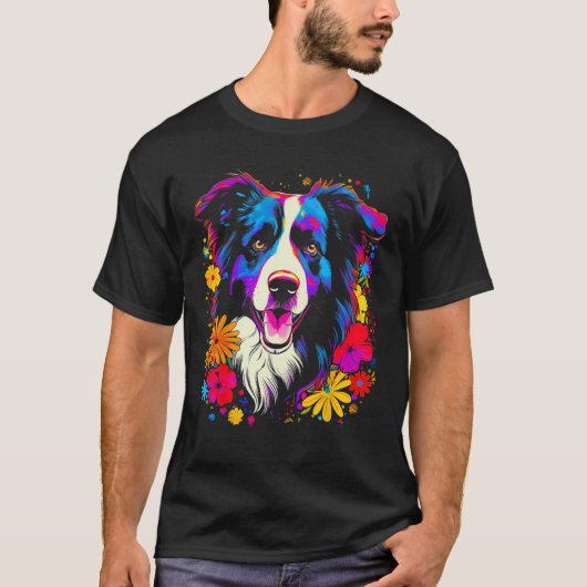 Border Collie Dog Love Flowers Tシャツ (正面)