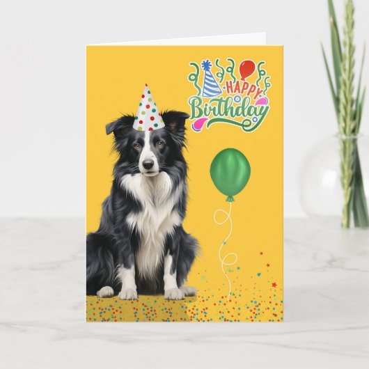 Border Collie Dog Party Hat Yellow Birthday カード (正面)