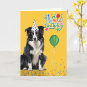 Border Collie Dog Party Hat Yellow Birthday カード (黄色い花)