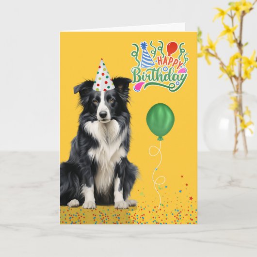 Border Collie Dog Party Hat Yellow Birthday カード (黄色い花)