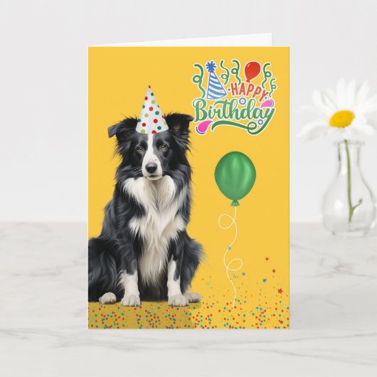 Border Collie Dog Party Hat Yellow Birthday カード (小さな植物)
