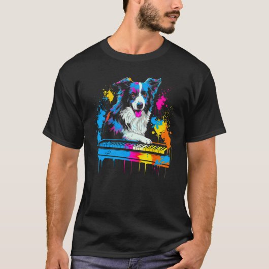 Border Collie Dog Pianist Tシャツ (正面)