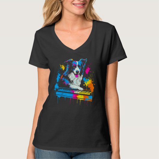 Border Collie Dog Pianist Tシャツ (正面)