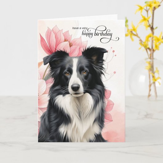 Border Collie Dog Pink Botanical Flowers Birthday カード (黄色い花)