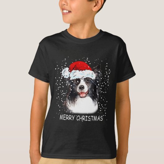 Border Collie Dog Santa Christmas Lights Xmas Boys Tシャツ (正面)