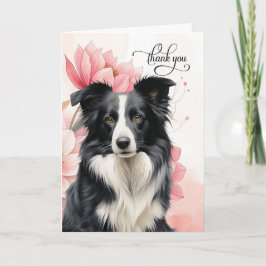 Border Collie Dog Soft Pink Botanical Blooms サンキューカード