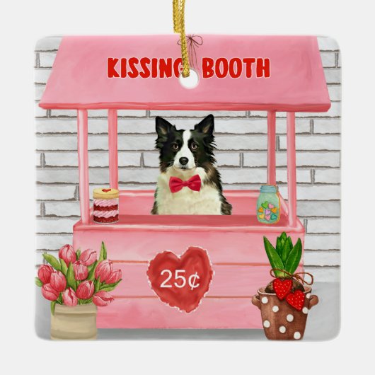 Border Collie Dog Valentine's Day Kissing Booth セラミックオーナメント (正面)