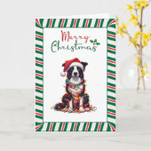 Border Collie Dog Wrapped In Christmas Light カード (黄色い花)
