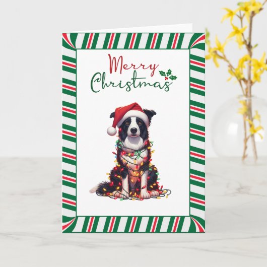Border Collie Dog Wrapped In Christmas Light カード (黄色い花)