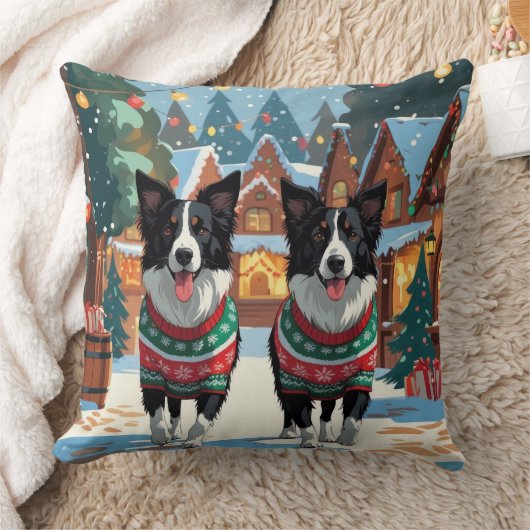 Border Collie Dogs Christmas Snow Holiday クッション (ブランケット)