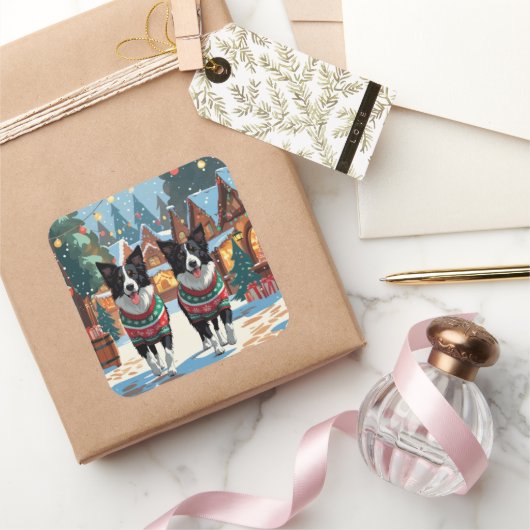 Border Collie Dogs Christmas Snow Holiday スクエアシール (ギフト)